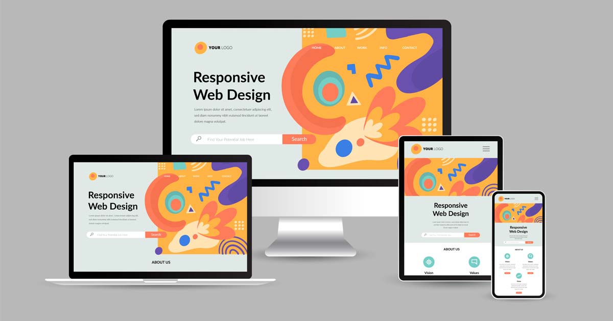 Illustration of a responsive website displayed on laptop, tablet, and smartphone screens.
