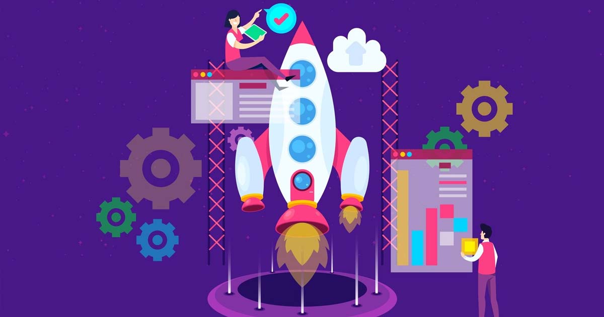 Illustration of a website launch with iterative design updates and user feedback icons.