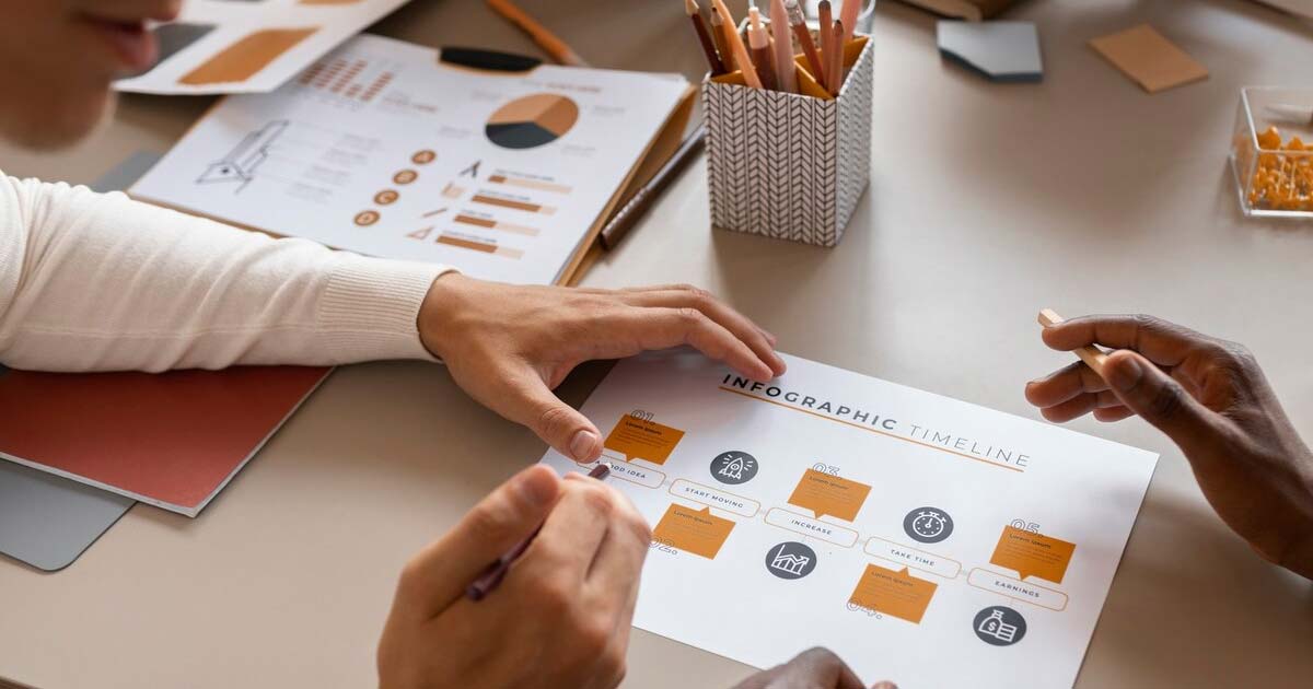 Illustration of a UX designer arranging cards and sticky notes to create a website sitemap and user flow diagram.