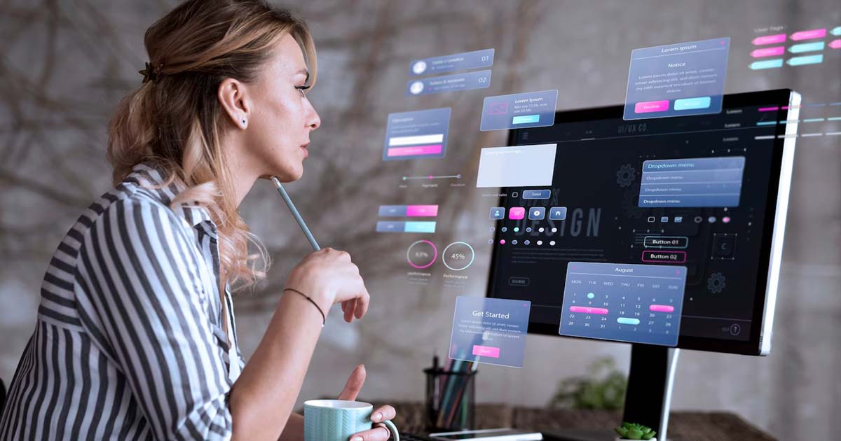 Illustration of people testing a mobile and desktop app, observing feedback on screens and sticky notes.